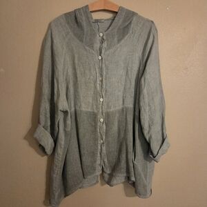 MADE IN ITALY Olive Green Linen Button Down Hooded Lagenlook Shacket Women's OS